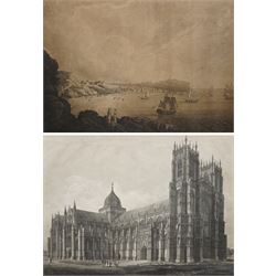 After John Hornsey (British 18th/19th century): 'A South View of Scarborough', sepia  aquatint engraving by W Green pub. c.1795, 52cm x 57cm; Frederick C Lewis (British 1779-1856) after John C Buckler (British 1770-1851): 'North-West View of Beverley Minster - Yorkshire', aquatint engraving pub. c.1816, 46cm x 61cm (2)