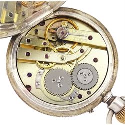 Early 20th century silver open face keyless cylinder pocket watch, 'Examined by Barraud & Lunds, London', No. 4764, white enamel dial with Roman numeral hour markers and subsidiary seconds dial, Swiss hallmark, on silver Albert chain