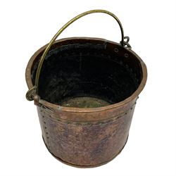 19th century riveted copper and brass mounted coal bucket of cylindrical form 