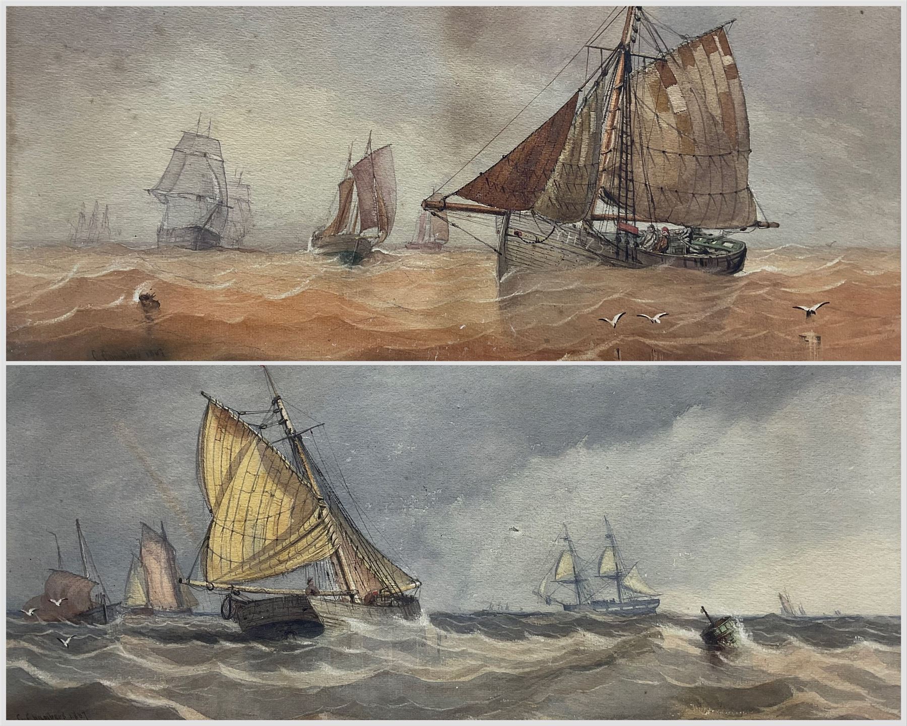 George Chambers Jnr. (British 1829-1878): Yarmouth Boat and other Shipping at Sea, pair watercolours and pencil signed and dated 1967, 23cm x 49cm (2)