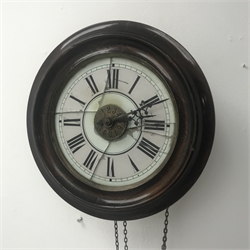 Early 20th century Postman’s alarm clock, circular beech frame dial, D28cm (no weight or pendulum)