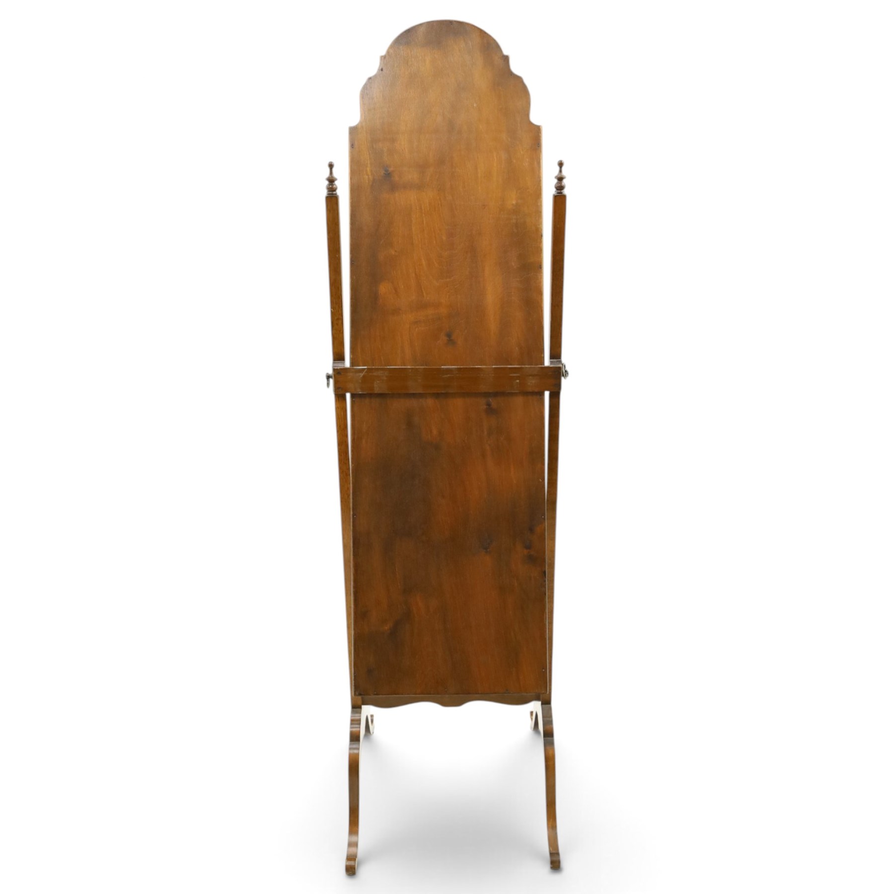 Early 20th century Queen Anne design walnut framed cheval mirror, hinged arched plate over waived stretcher and splayed supports