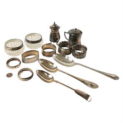 Collection of silver, including pepper shaker, mustard pot, three spoons, two silver colla...