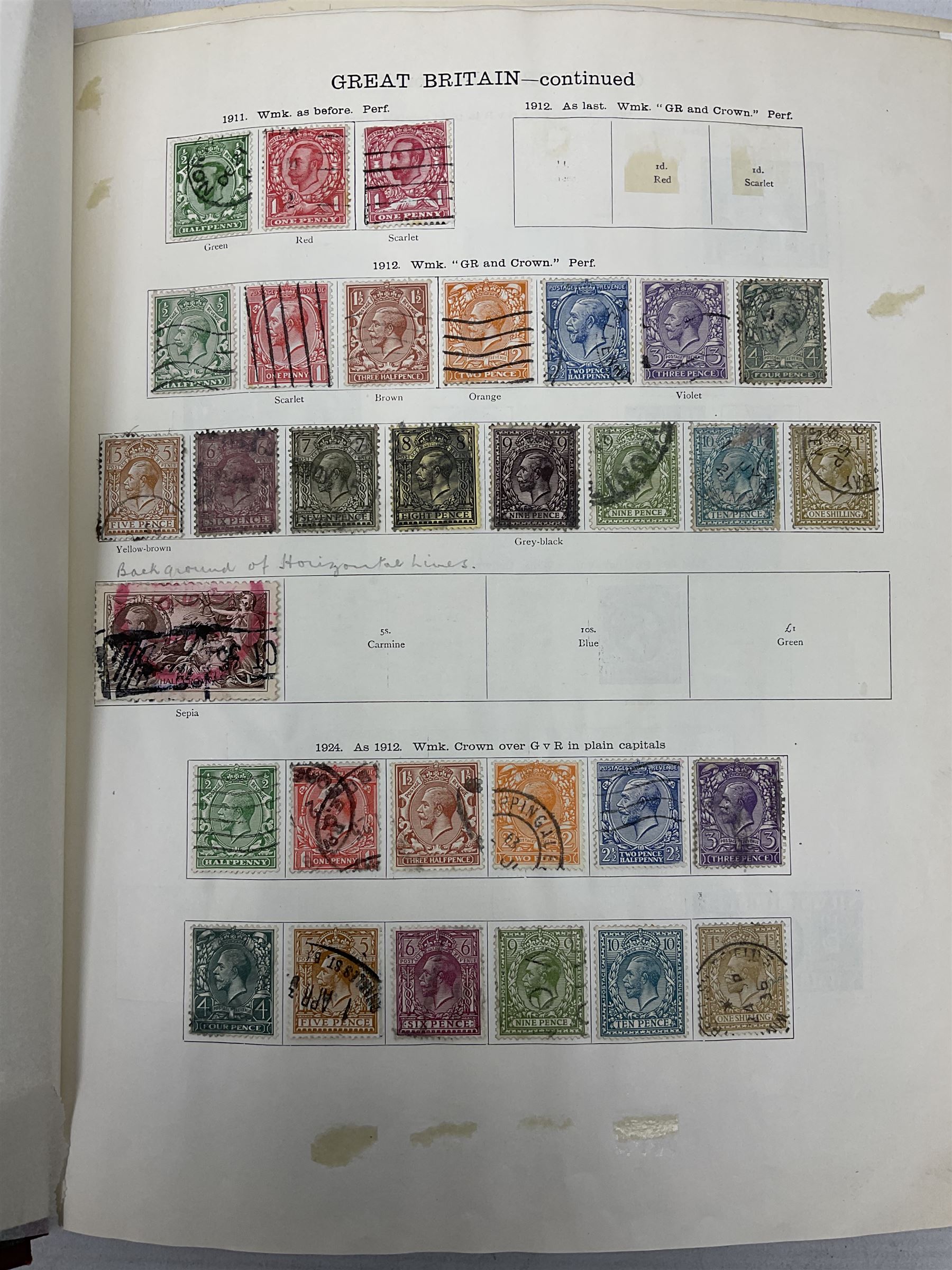 Mostly Great British King George V and later stamps, including marginal examples, 1924 British Empire Exhibition used and unused with singles, pairs and blocks, various controls etc, small number of Morocco Agencies overprints etc, King Edward VIII unused stamps, King George V 1939-48 used values to one pound including dark blue ten shillings etc, housed in 'The Sectional Imperial Album'