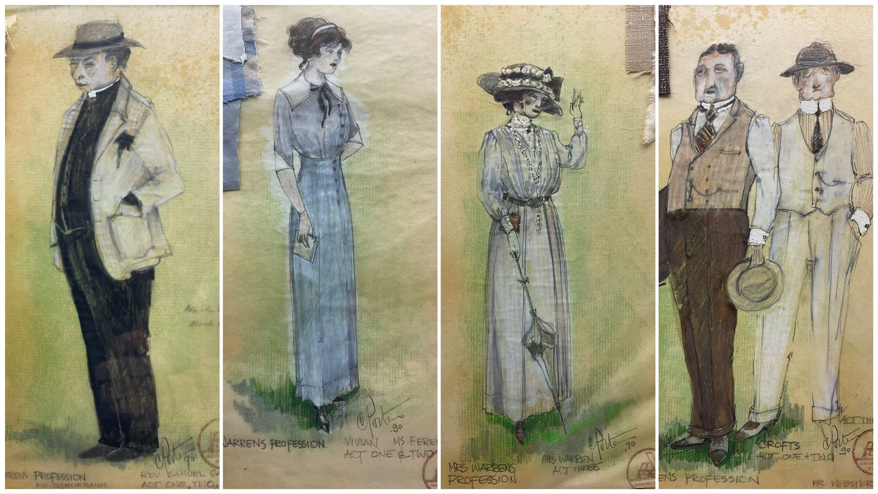 John Cameron Porteous (Canadian 1937-): 'Mrs Warren' 'Vivien' 'Crofts' and 'Rev Samuel Gardner', set four Play Wright pictures from 'Mrs Warren's Profession' signed titled and dated '90, 29cm x 20cm (4)