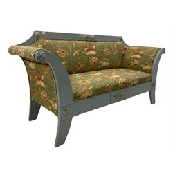 French empire style settee upholstered in 'Leighton' by Margarita Cushing floral fabric, grey painted and gilt frame