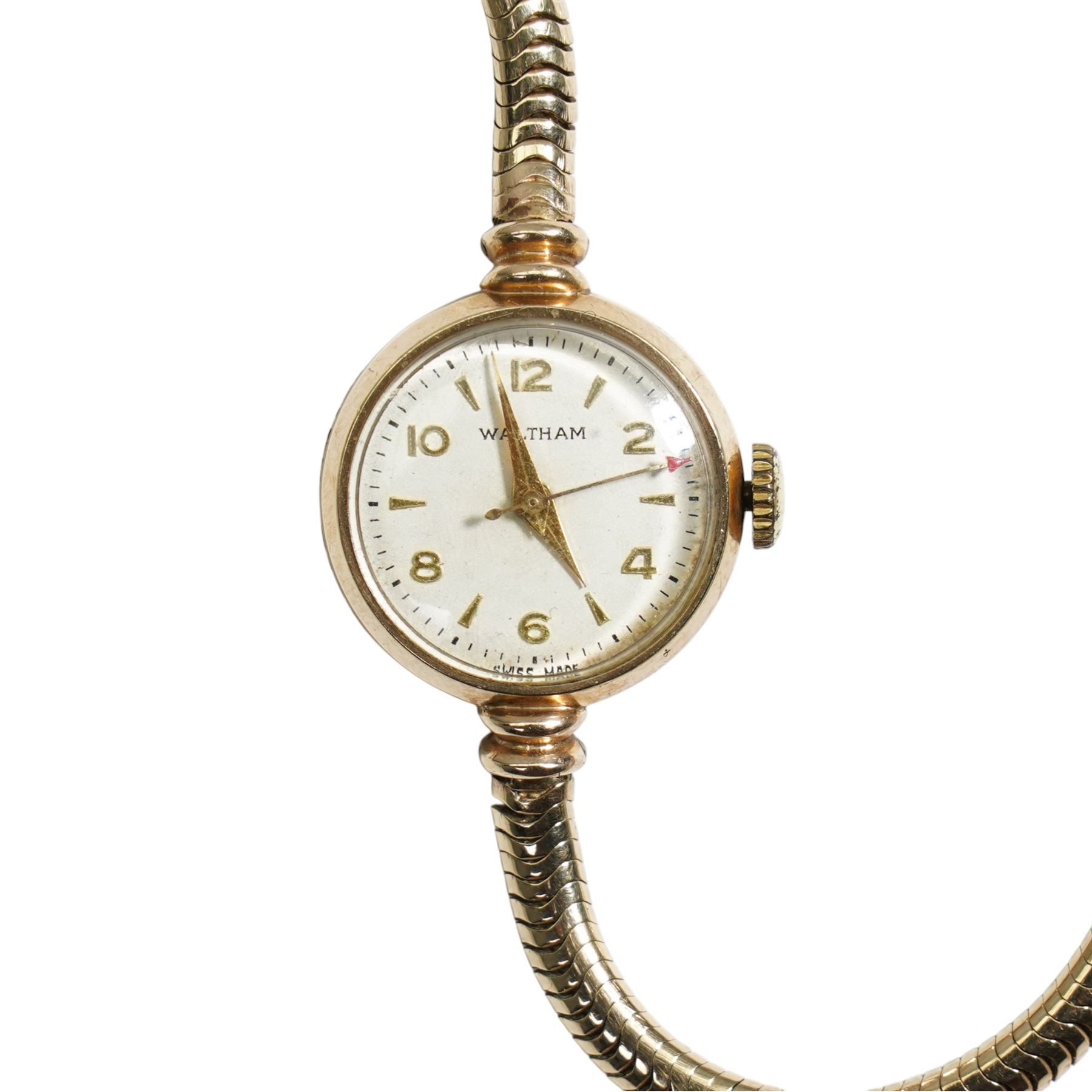 9ct gold ladies manual wind Waltham wristwatch, on 9ct gold articulated strap, with P.S Phillips & Co jewellery box 