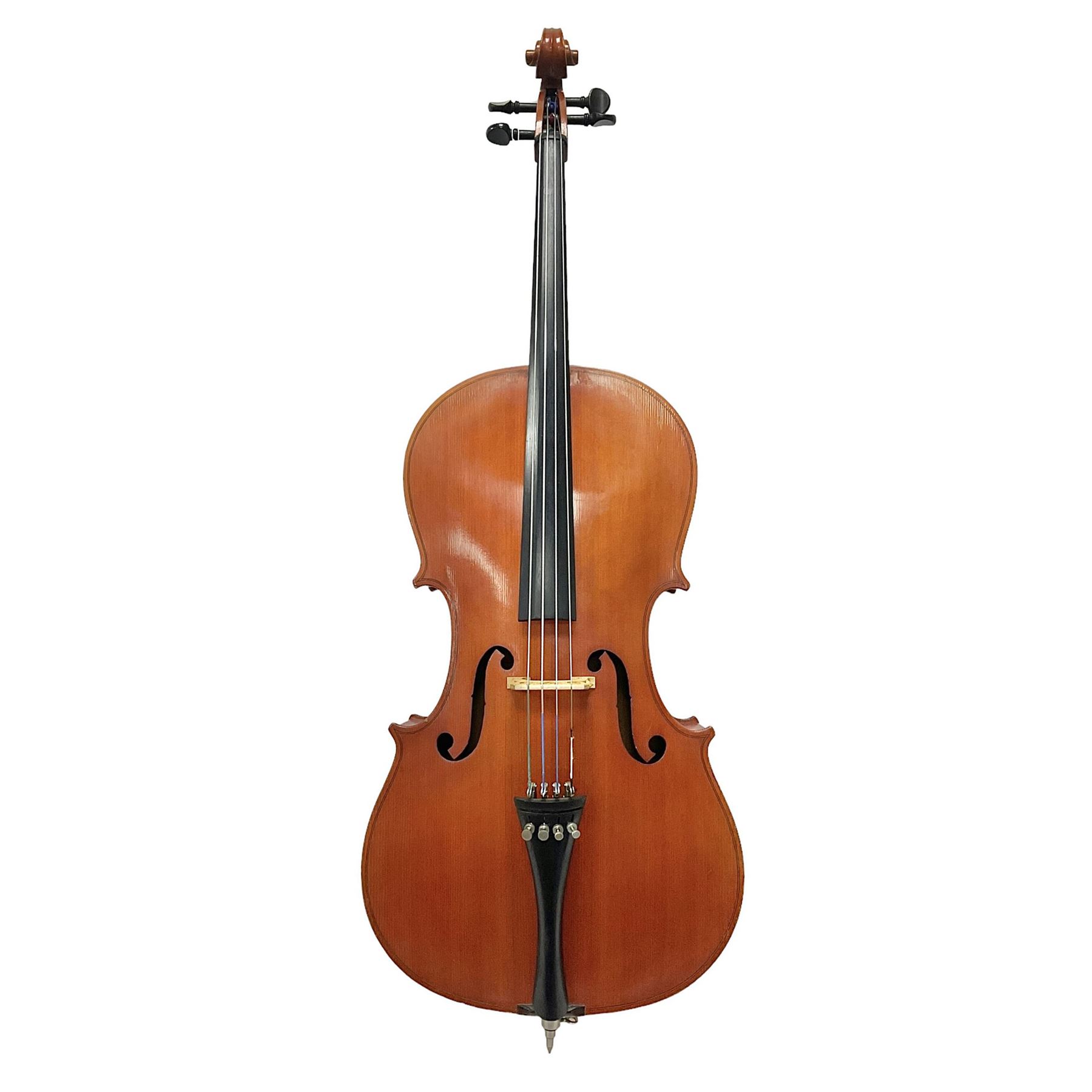 3/4 size cello with soft case, 69cm back length, 114cm full length, with bridge, ebonised tail piece and fingerboard.