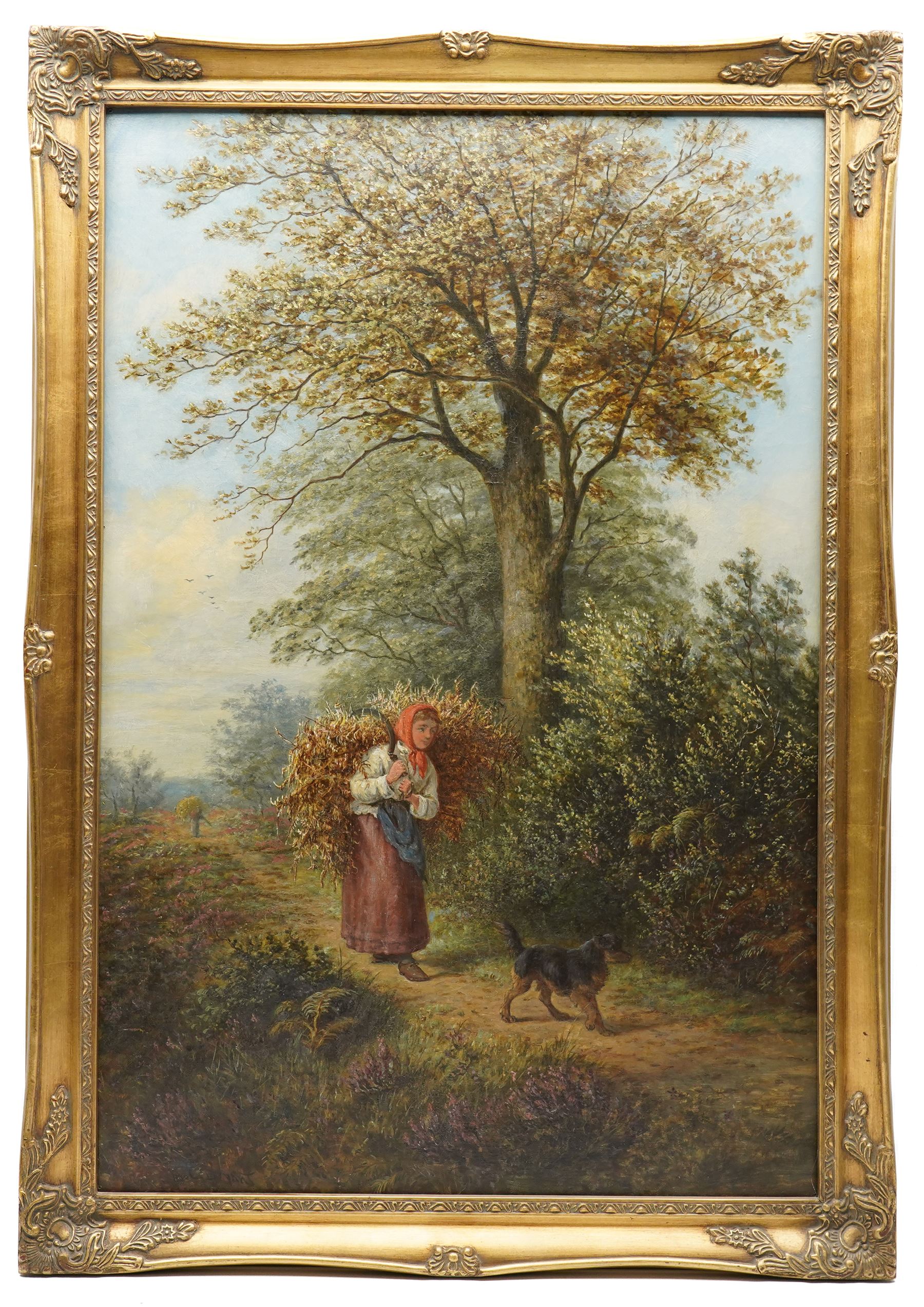 Henry Charles Bryant (British 1835-1915): Girl Carrying Hay with Terrier, oil on canvas signed 74cm x 49cm