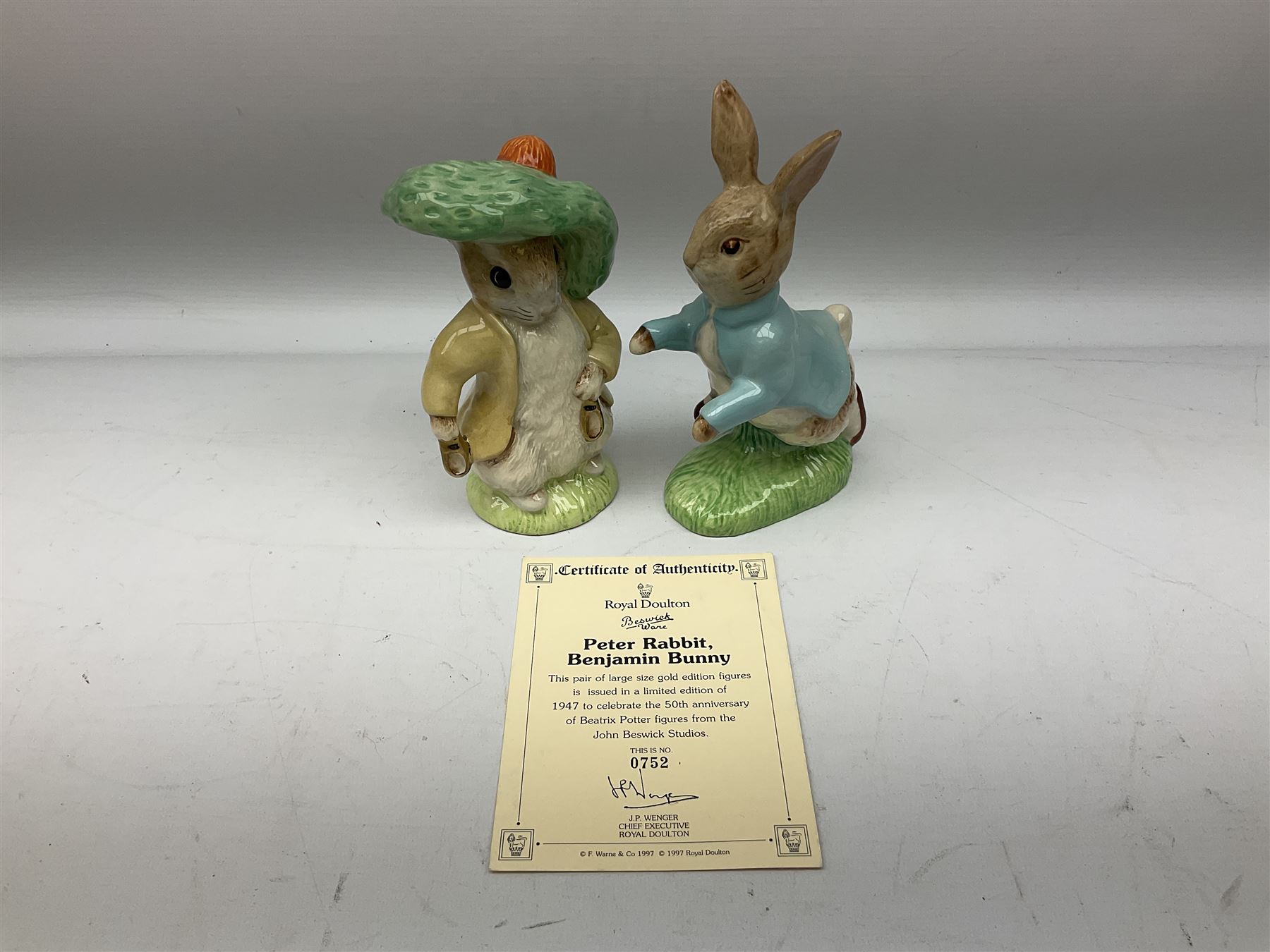 Collection of Beswick figures to include Beatrix Potter Squirrel Nutkin, Jemima Puddleduck, Spike and Tyke, Tom and Jerry, both boxed and with certificates, Chamois 1551 and Babycham 1615a (a/f) Beswick Ware Royal Douton Peter Rabbit and Benjamin Bunny, with certificate
(9)
