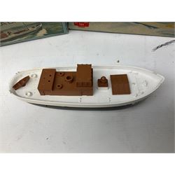Five model boats - Sutcliffe clockwork Tiger Speedboat; boxed; Motor Sailor battery operated yacht; boxed; Waterline battery operated police launch; boxed; and Tri-ang Scalex 'Aberdeen' North Sea Drifter; boxed, with another similar unboxed (5)