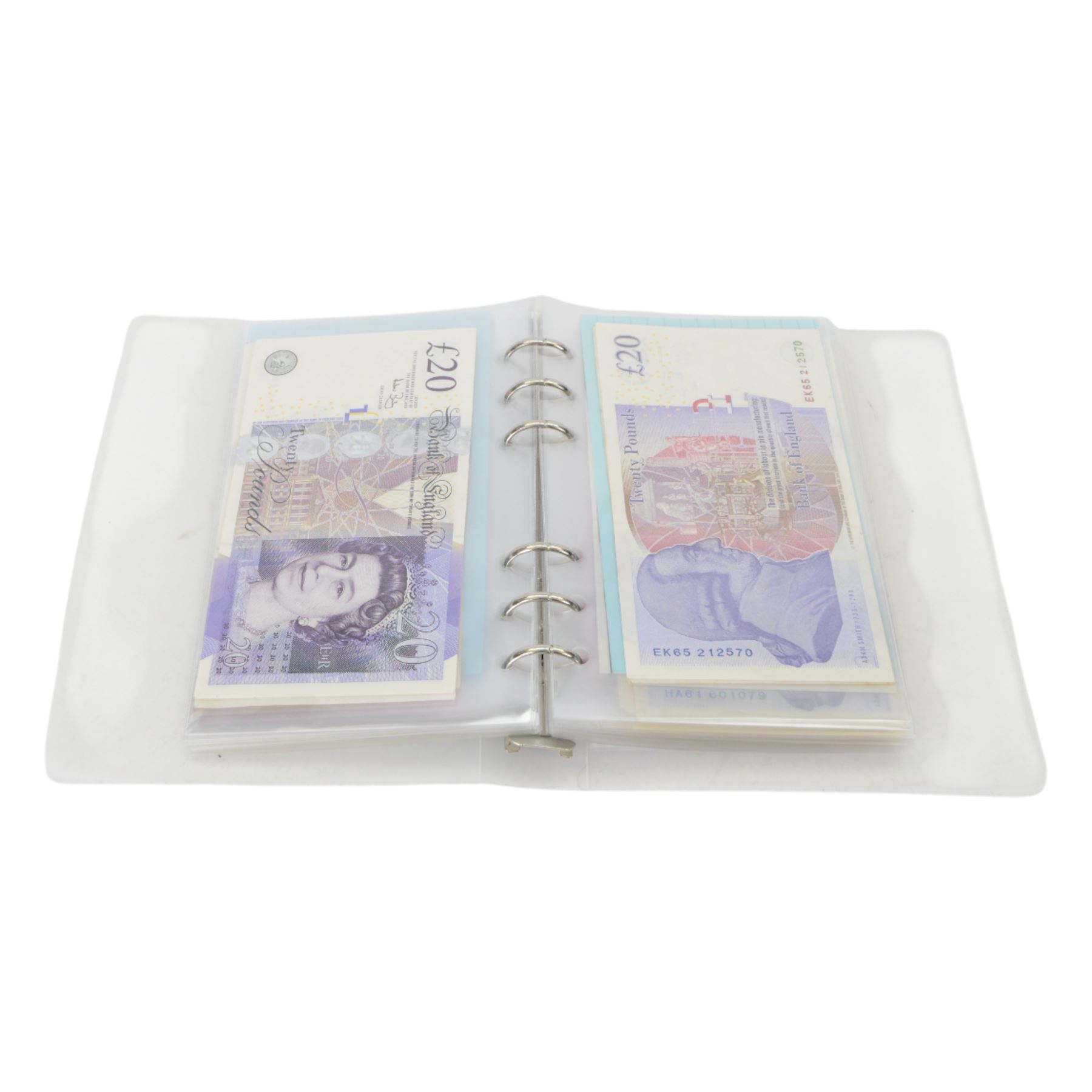 Collection of Bank of England notes, comprising Page twenty pound (2), Somerset twenty pound (2), Gill twenty pound (2), Kentfield twenty pound (3), Lowther twenty pound (4), Bailey twenty pound (9), Salmon twenty pound (7), Cleland twenty pound (7), John twenty pound (2), Kentfield fifty pound (4), Lowther fifty pound (1), Bailey fifty pound (2), Salmon fifty pound (3), and Cleland fifty pound (3), many uncirculated, housed in ring binder folder, total face value 1410 GBP