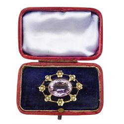 Edwardian 9ct gold oval amethyst and split seed pearl bar brooch, 