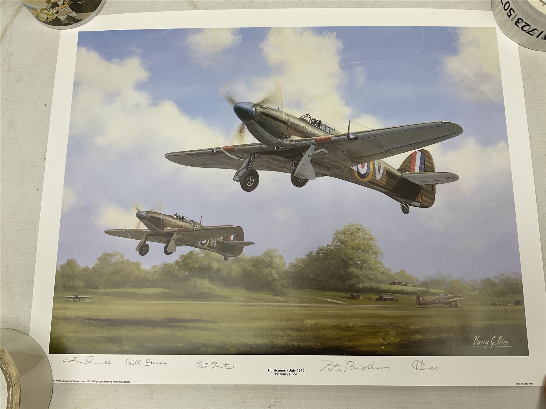 Collection of twenty-one unframed and seven framed prints of predominantly aviation interest after David Pritchard, Brian Petch, Stephen Teasdale, Barry Price, Coulson, Wardle etc; depicting Spitfires, Hurricanes etc; some limited editions with certificates and many bearing multiple signatures on the mount