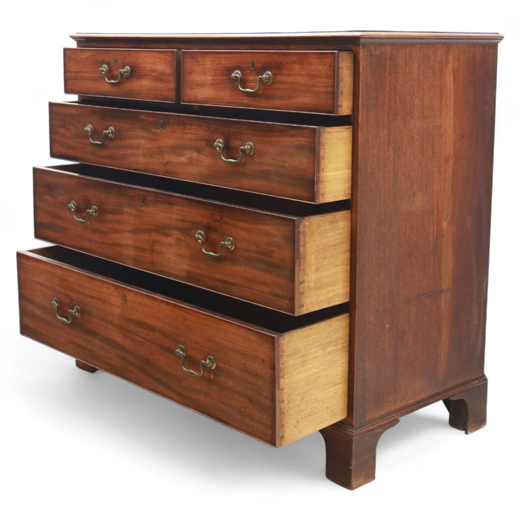 Late 19th-century Georgian-style mahogany chest of drawers, rectangular top with moulded edge over two short and three graduated drawers, raised on bracket feet, back foot missing 