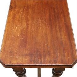 Victorian oak extension table or side table, rectangular moulded top with rounded corners, pull-out extending action, reeded frieze, on turned supports united by H-shaped stretchers