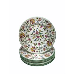 Minton Haddon Hall pattern tea and dinner wares, including basket dish, two covered tureens, six dinner plates, eight dessert plates, twelve tea plates, six soup bowls, six cereal bowls, teapot, coffee pot, milk jug, covered sucrier twelve tea cups and saucers, six mugs, footed bon bon dish, pair of candlestick holders, cake knife and slice etc (81)