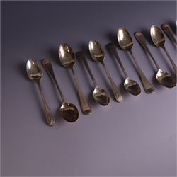 Set of ten silver late Victorian silver teaspoons, with beaded rimg and engraved fan design, hallmarked Thomas Bradbury & Sons, London 1891, and a set of five Victorian silver teaspoons with beaded rim, hallmarked Thomas Prime & Son, Birmingham 1890