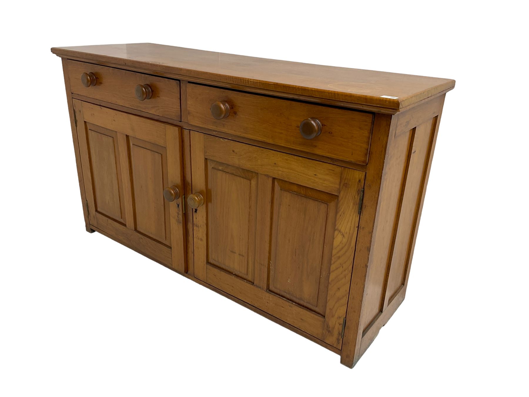 JAS Brister & Co Ld - Mid-20th century teak sideboard, fitted with two drawers over two panelled cupboards, stamped 'JAS. Brister & Co Ltd., Complete House Furniture, Port Elizabeth'