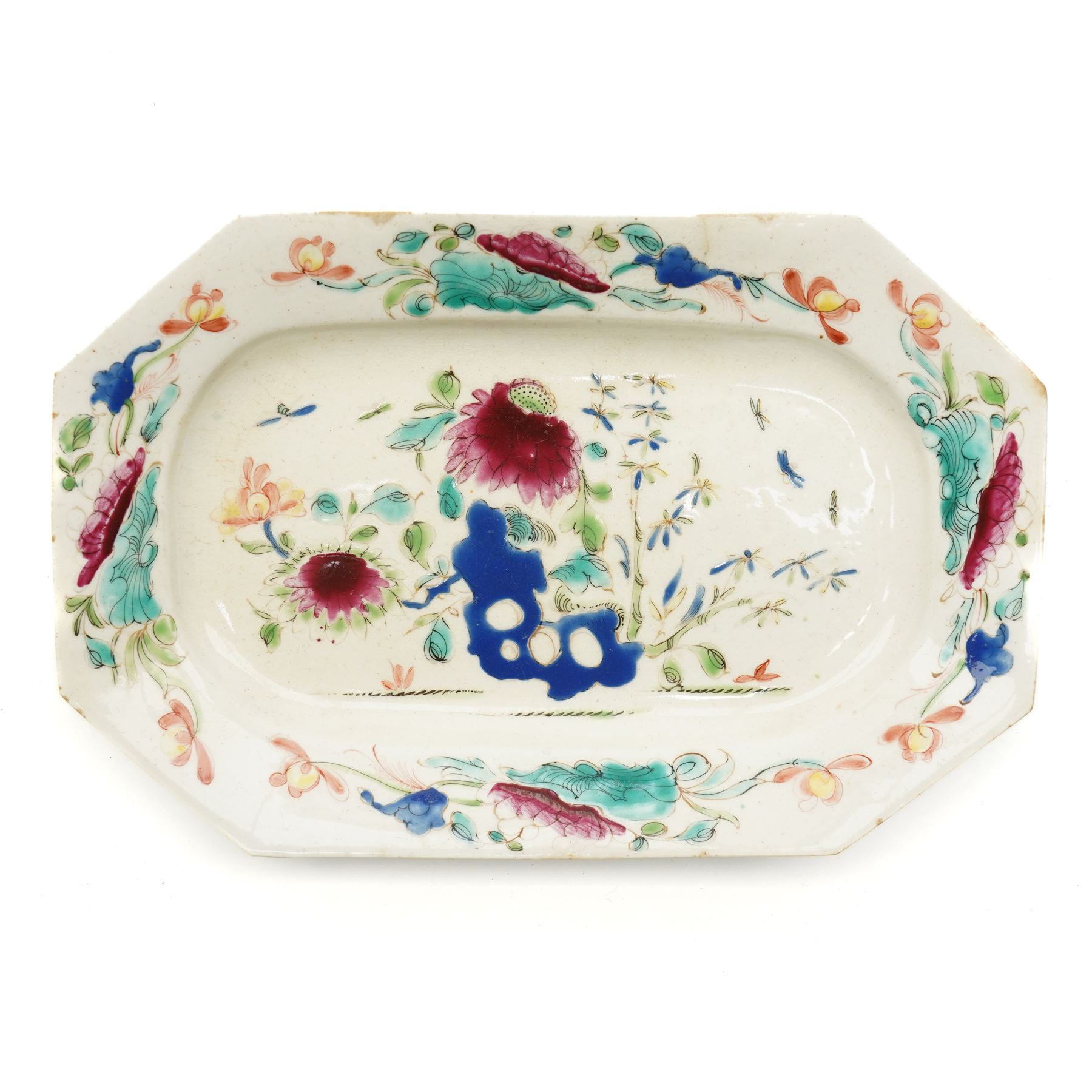 18th century Bow porcelain canted rectangular plate, painted in polychrome chinoiserie and a similarly decorated Bow plate, c1760, rectangular plate W27cm (2)