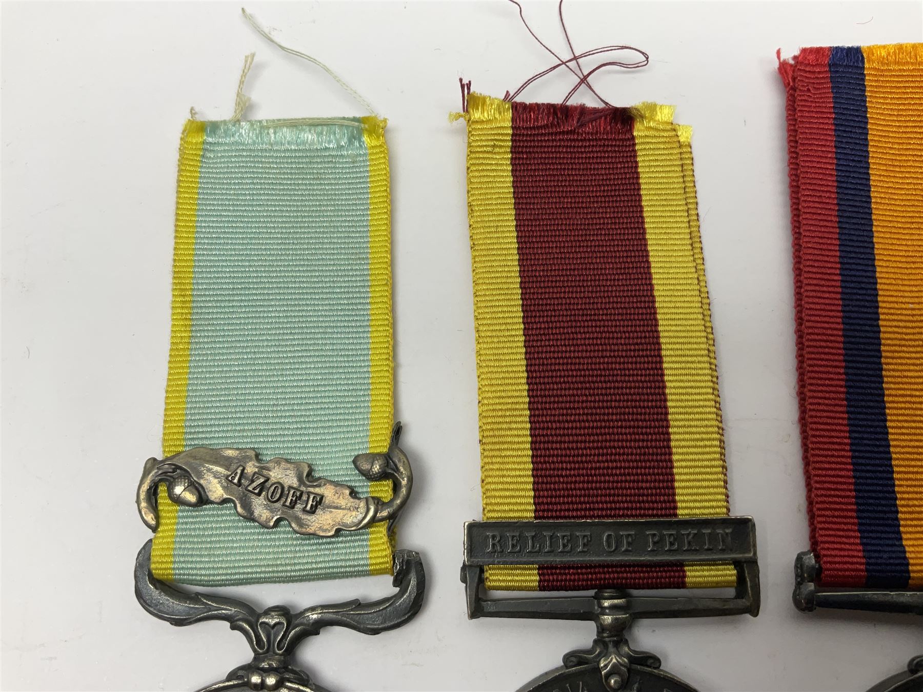 Seven copies of early medals - Waterloo, Crimea, Mediterranean, China 1900, Victoria Cross, Natal Rebellion and Tibet 1903-4; all with ribbons (7)