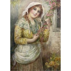 William Joseph Carroll (British late 19th century/early 20th century): Country Girl Holding Blossom, watercolour signed 60cm x 43cm