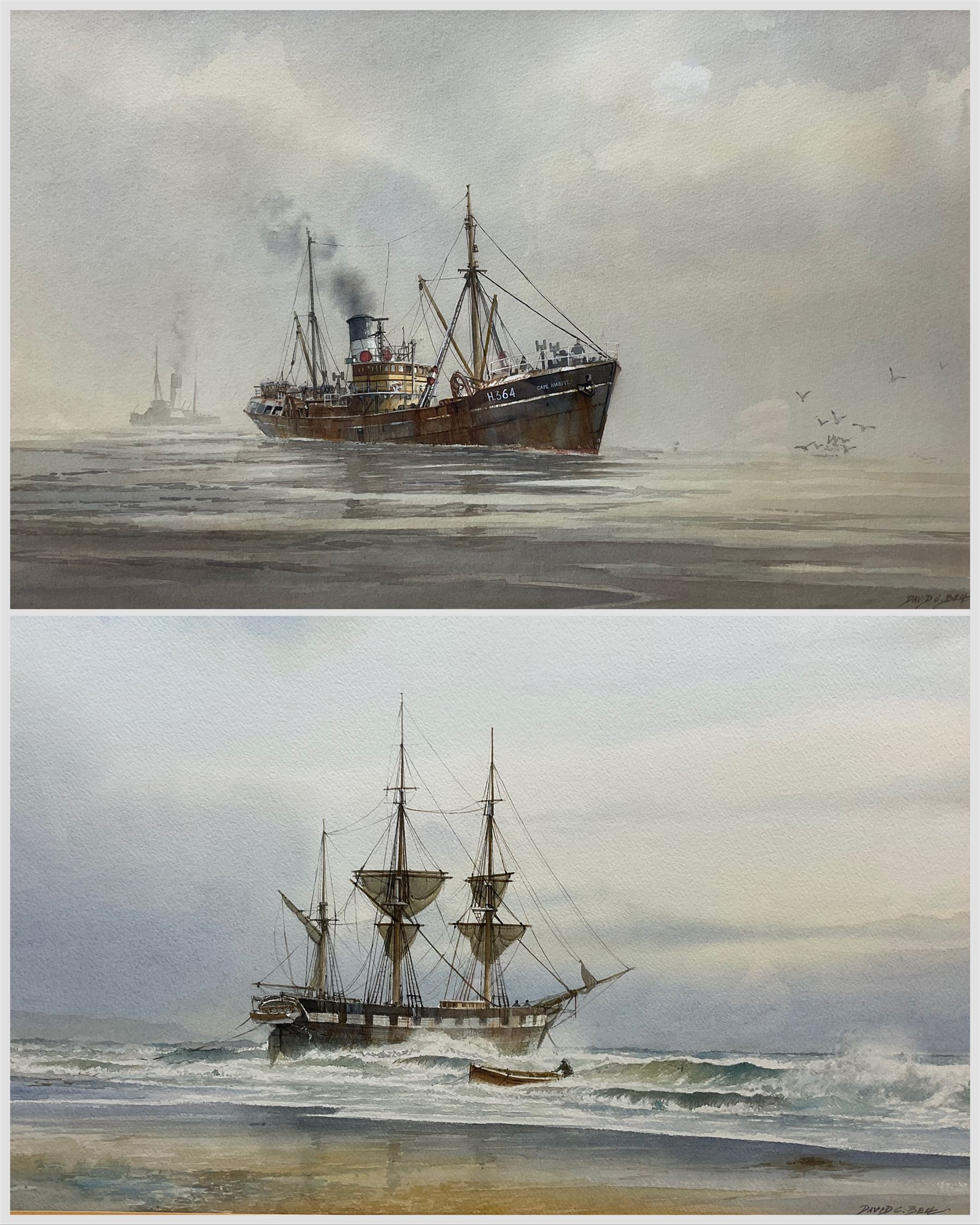 David C Bell (British 1950-): Ships Portraits 'A Barque Ashore - Near Filey c1875' and 'Cape Mariato - Built  Beverley 1936', two watercolours signed, titled verso 31cm x 47cm (2)
