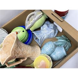 Two Beswick jugs decorated with palm trees, together with matching wall pockets, and similar ceramics, together with six Shelley dishes  