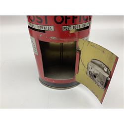 Collection of tin plate money boxes in the form of Royal Mail post boxes, to include four Chad Valley examples, one with key and others similar,  marked VR, GR and ER (10)