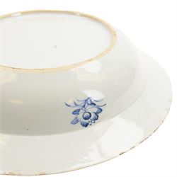 Large 19th century Chinese export blue and white bowl, of circular form, the dished centre decorated with pagodas, fence, and pine and willow trees, within a cell border with flower head and scroll detailed shaped reserves, the rim with conforming decoration of huts and trees, D39.5cm