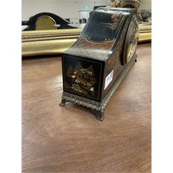 20th century black lacquered mantle clock with chinoiserie decoration, with a formerly silvered dial with Roman numerals, minute track and steel spade hands, eight-day timepiece French spring driven movement with a platform cylinder balance escapement, wound and set from the rear.