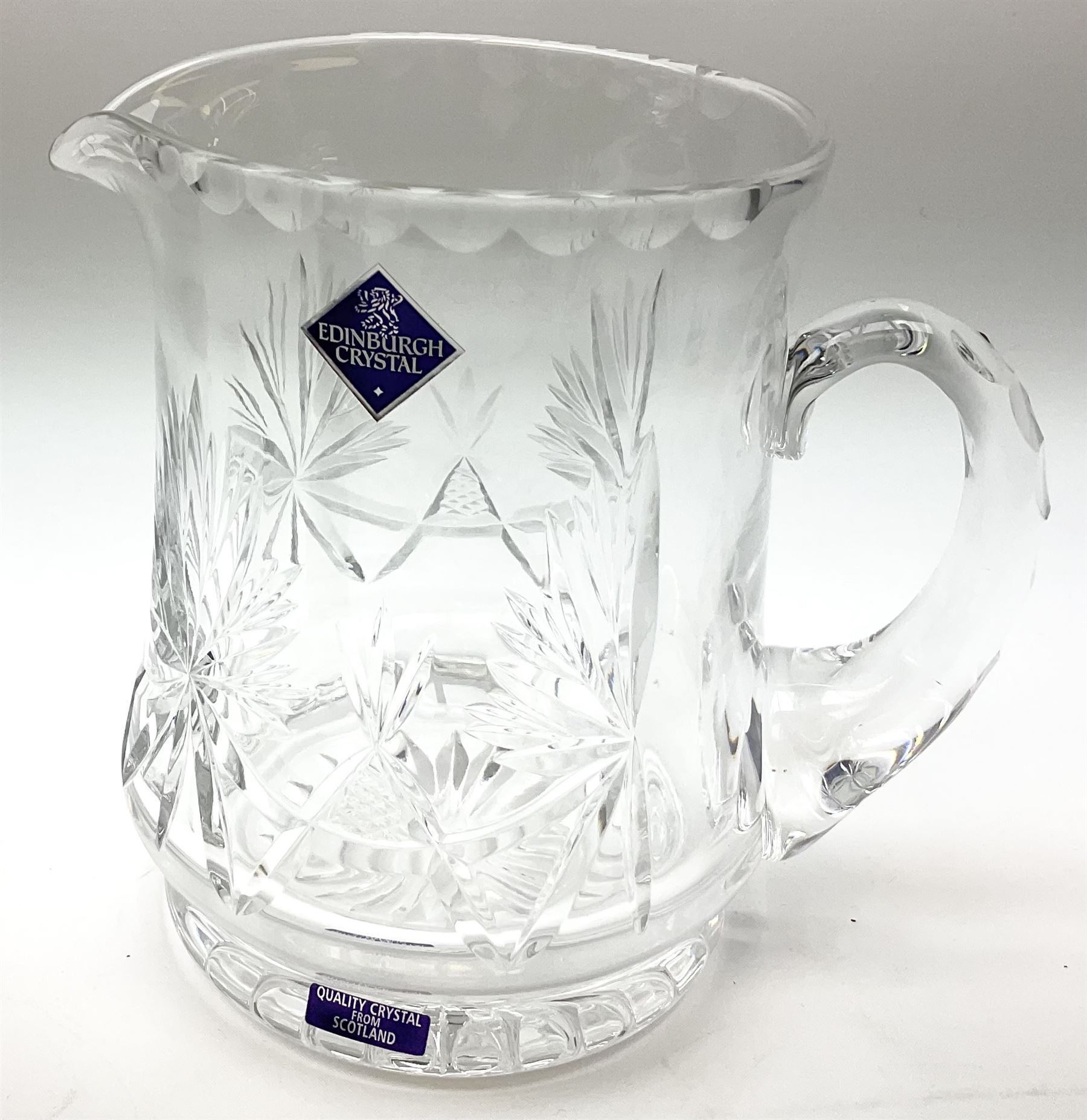 Edinburgh Crystal set, comprising square decanter, six old fashioned tumblers on a gallery tray, together with Edinburgh crystal water jug. 