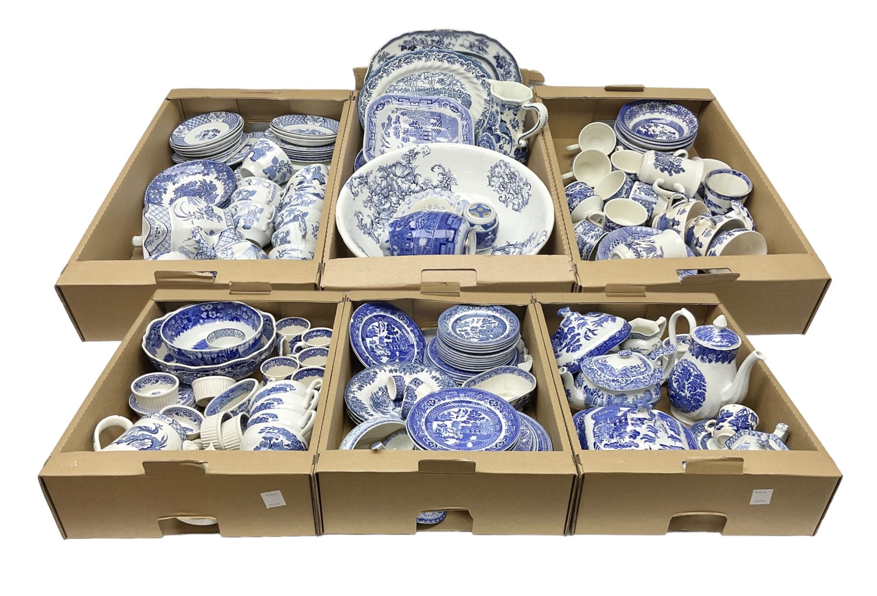 Large collection of blue and white ceramics, to include Spode Italian pattern with blue mark, Wood and Sons Yuan, pickle dish, Delft style etc, dinner plates, tea wares, bowls etc in six boxes