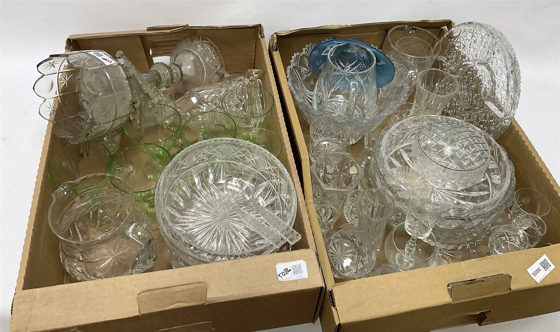 Victorian cut clear glass lustre, decorated with stars, with hollow stem, shaped rim and pendant lustre drops, raised upon circular domed base, H33cm, Mats Jonasson Maleras Sweden glass butterfly bowl, in blue and green colourway, D17cm, together with quantity of glass ware to include uranium glasses, in two boxes