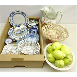  Miniature Wedgwood 'Wild Strawberry pattern tea set, Copeland Late Spode 'Tokio' jug, six Wedgwood 'Citrons' patter coffee cans and saucers, Spanish porcelain basket of lemons, Victorian Comport, Chinese ginger jar and bowl and other decorative ceramics in one box  