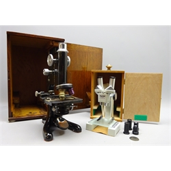  R & J Beck of London Model 29 No.14417 Monocular Microscope, black japanned frame with chrome fittings, rack & pinion coarse & fine adjust on horseshoe base, in fitted case, H35cm & a Carton Stereo Binocular Microscope, with two additional Oculars, in fitted case (2)  