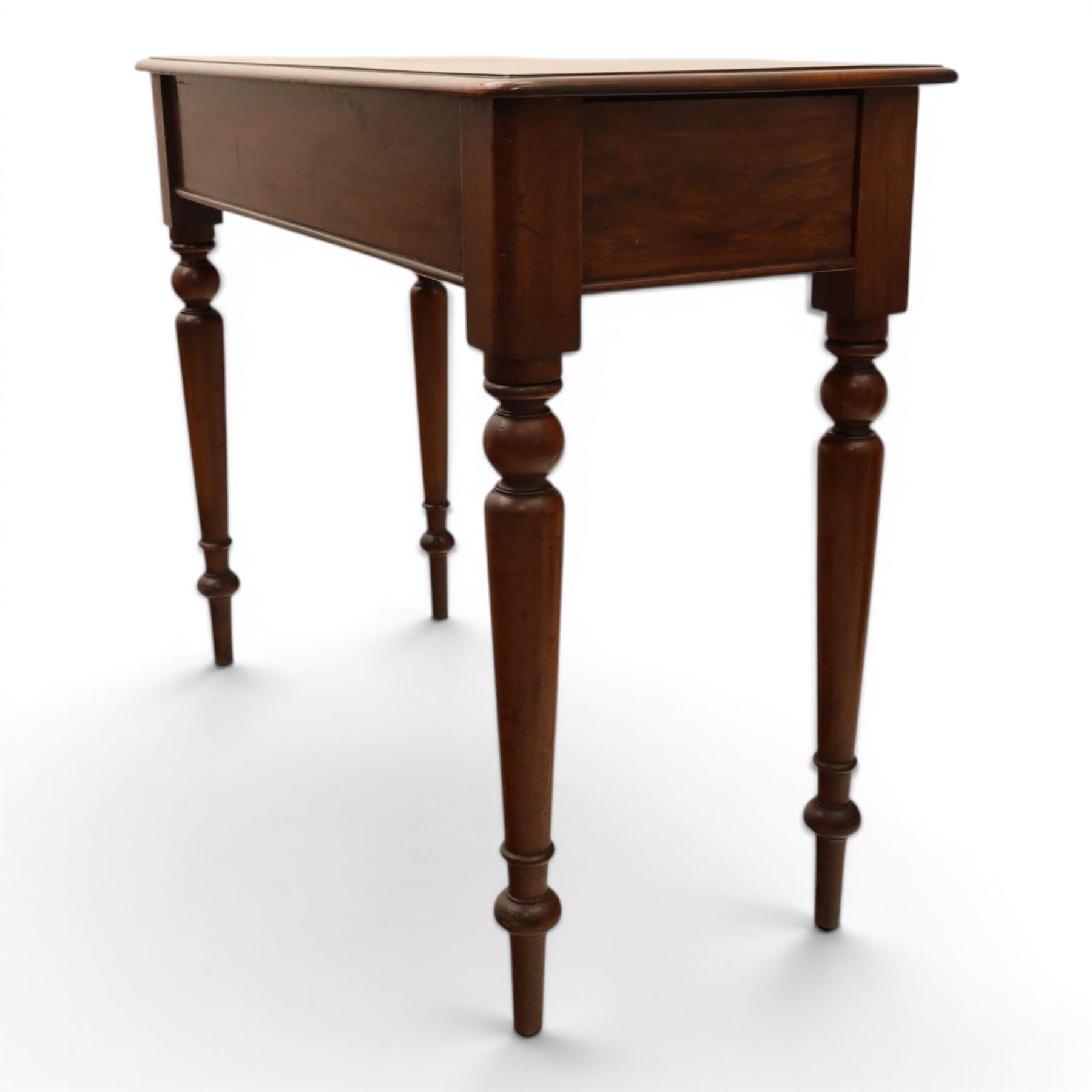 Mahogany living room furniture; mahogany console table and square upholstered mahogany stool, with hidden frieze drawer, raised on turned supports (Stool H 57cm, W 40cm)