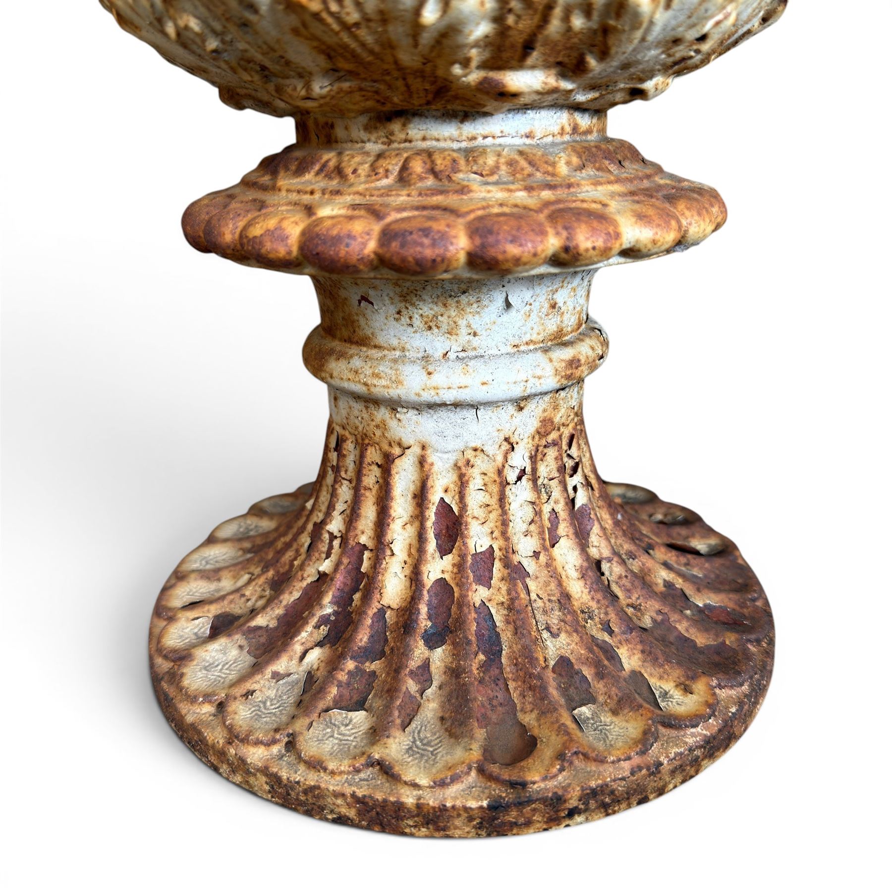 Andrew Handyside - pair of 19th century best quality cast iron garden urns, individually detailed in relief Allegorical Figures and Helaldic Swans, campagna form with twin handles, detail under rim, raised on circular fluted base