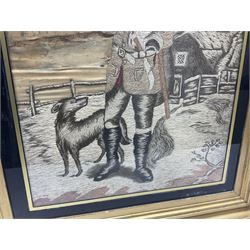 Pair of mid 19th century woolwork pictures on silk, the first depicting a shepherd coming home to be greeted by his child and wife, the second depicting the shepherd smoking a pipe with his hound beside him in a rural landscape, both housed in glazed gilt frames, written verso 'Sarah Tinker, Wife of Tedbar Tinker and the mother of Frances Osbourn .... Wakefield Approx 1852', H53cm W44cm