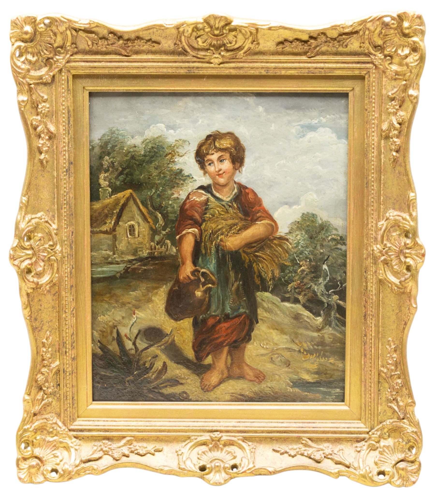 Continental School (20th Century): Dutch Street Scene, oil on panel indistinctly signed 29cm x 39cm; Naive School (20th Century): Girl with Water Jug, oil on board unsigned 26cm x 21cm (2)