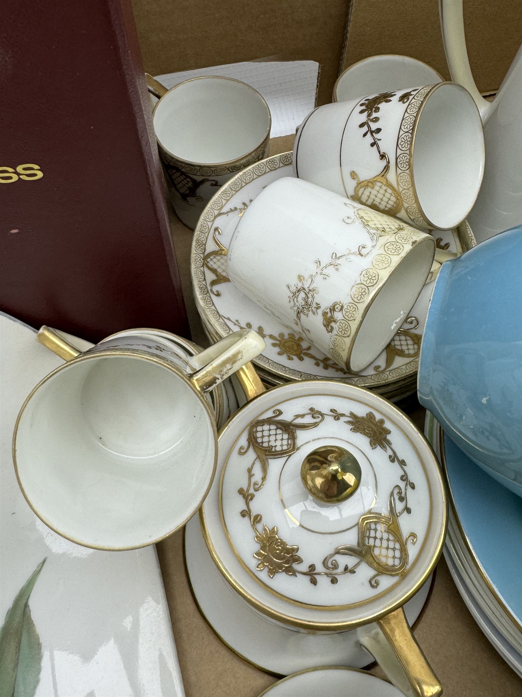 Aynsley harlequin cups and saucers, Royal Albert Old Country Roses vase and cover, Noritake coffee wares, Wedgwood Everest Goblet and various ceramics in two boxes
