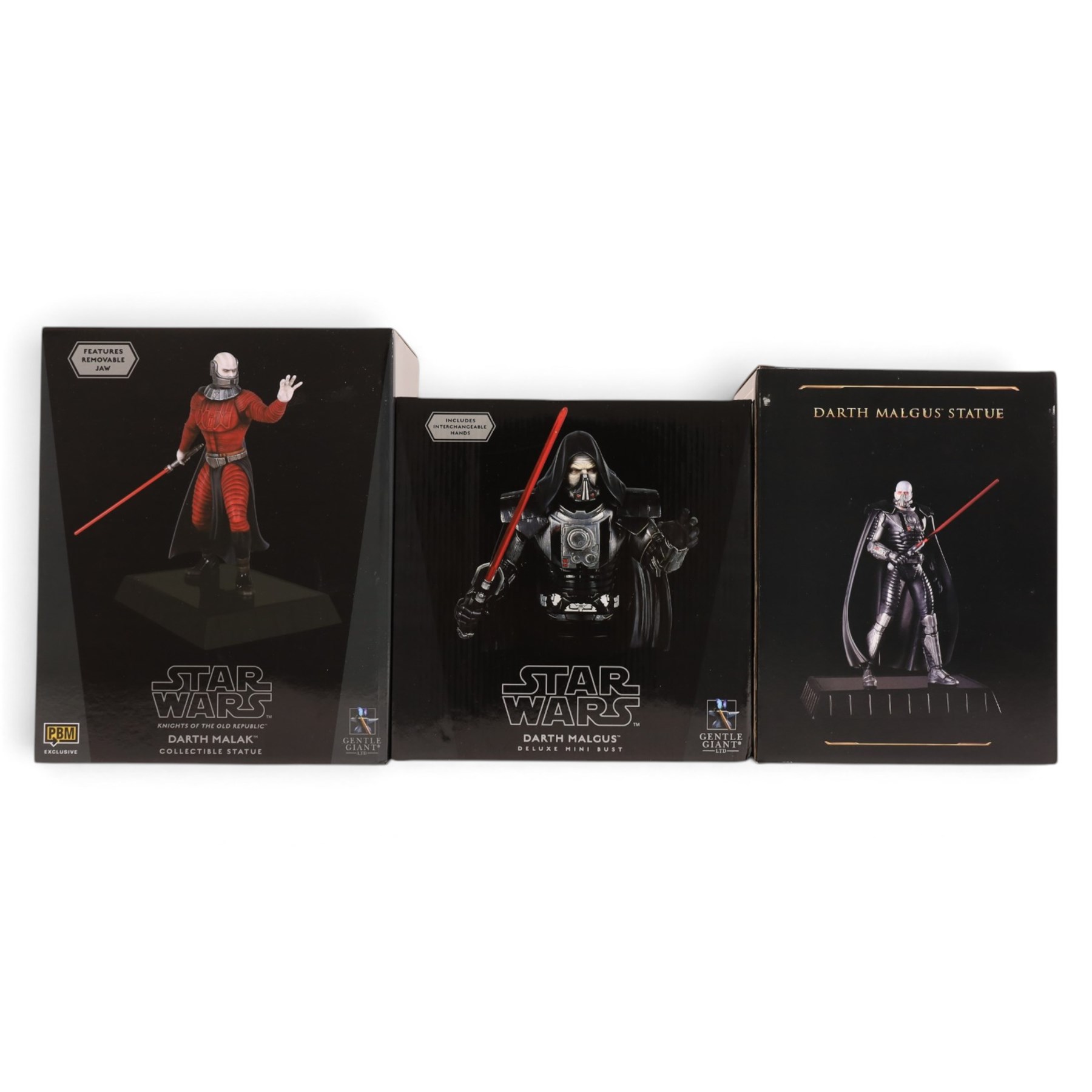 Three Gentle Giant Star Wars The Old Republic statues/busts, comprising a limited edition Darth Malak collectible statue limited edition no. 9/900, Darth Malgus Deluxe Mini Bust no. 257/1430 and a collector's edition Darth Malgus Statue, all boxed