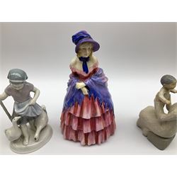  Royal Doulton figure A Victorian Lady HN728, together with German figure of woman with geese and a Willow Tree figure Grandmother