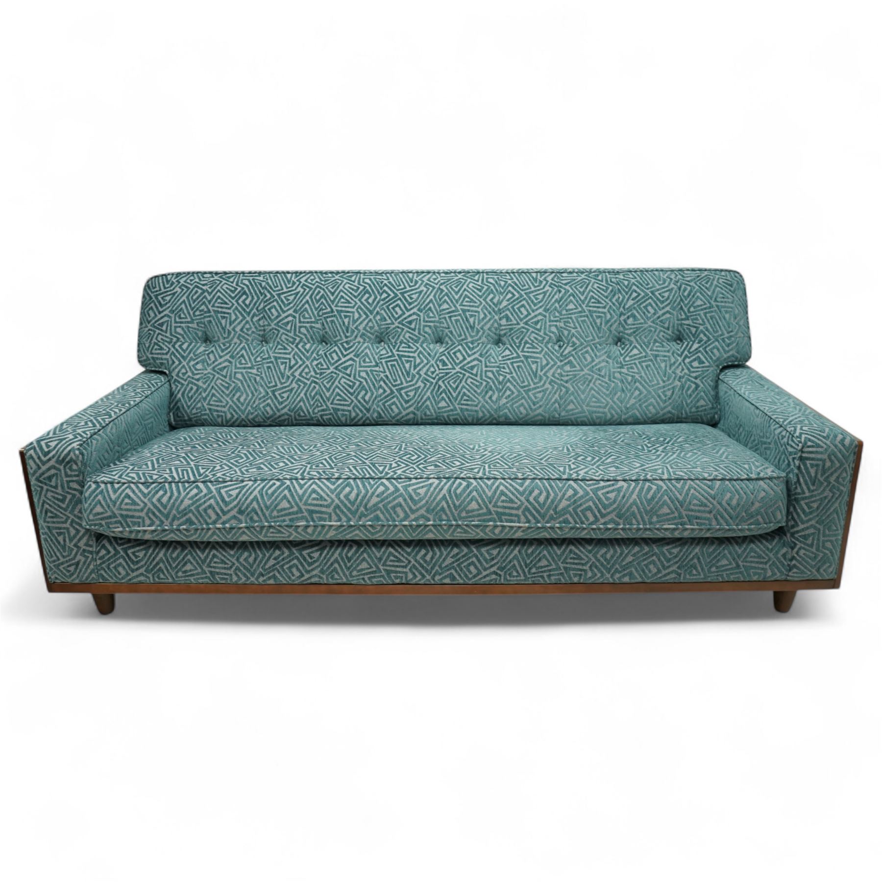 G-Plan Vintage - Contemporary unused Agatha 3 seater sofa, upholstered in G insignia fabric cushion seat and back cushion, rectangular side frame and matching fabric footstool, and additional unused seat cushion