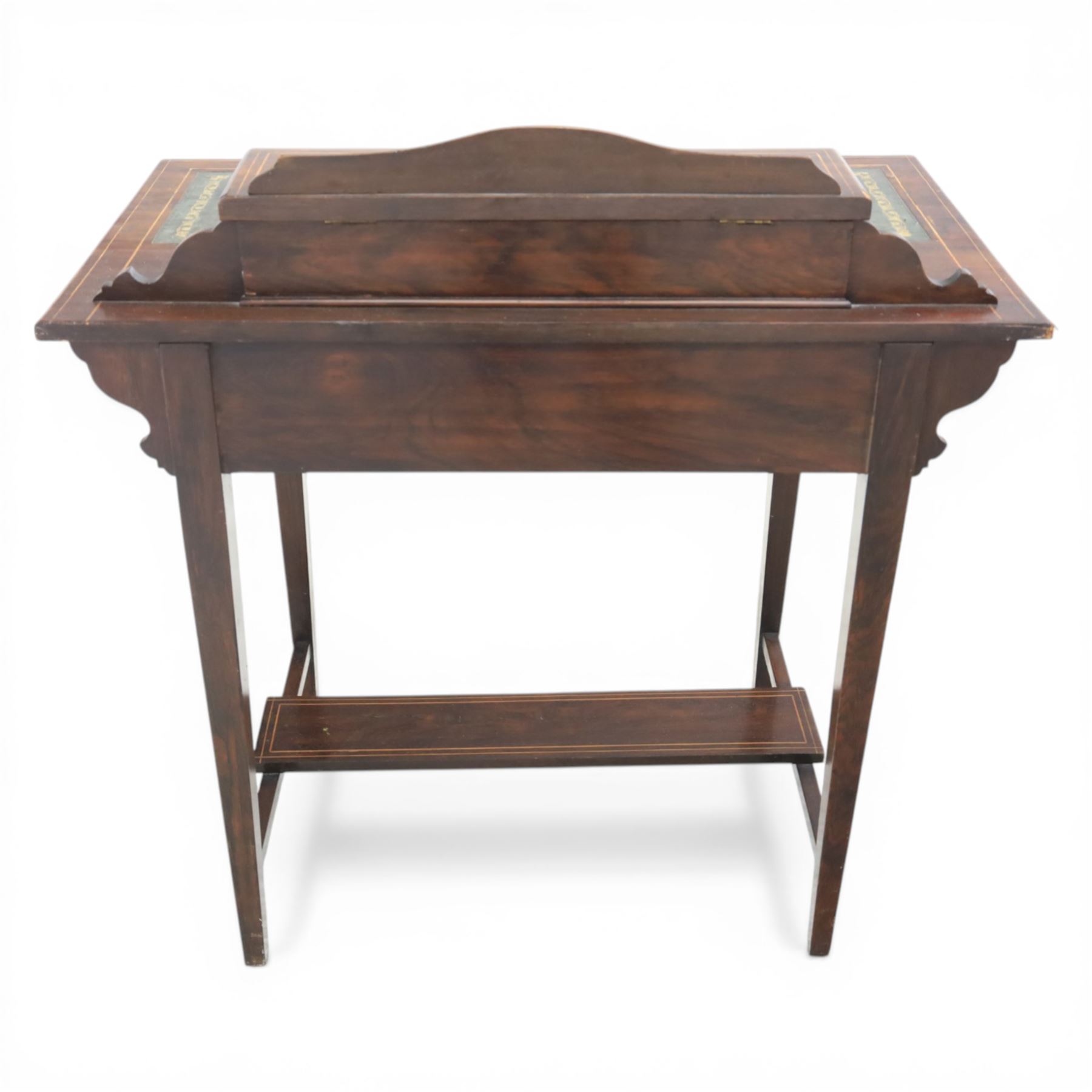 Edwardian inlaid rosewood writing desk, with raised back for an ink well, tooled green leather inset top, above a single drawer, raised on tapering square supports united by an undertier