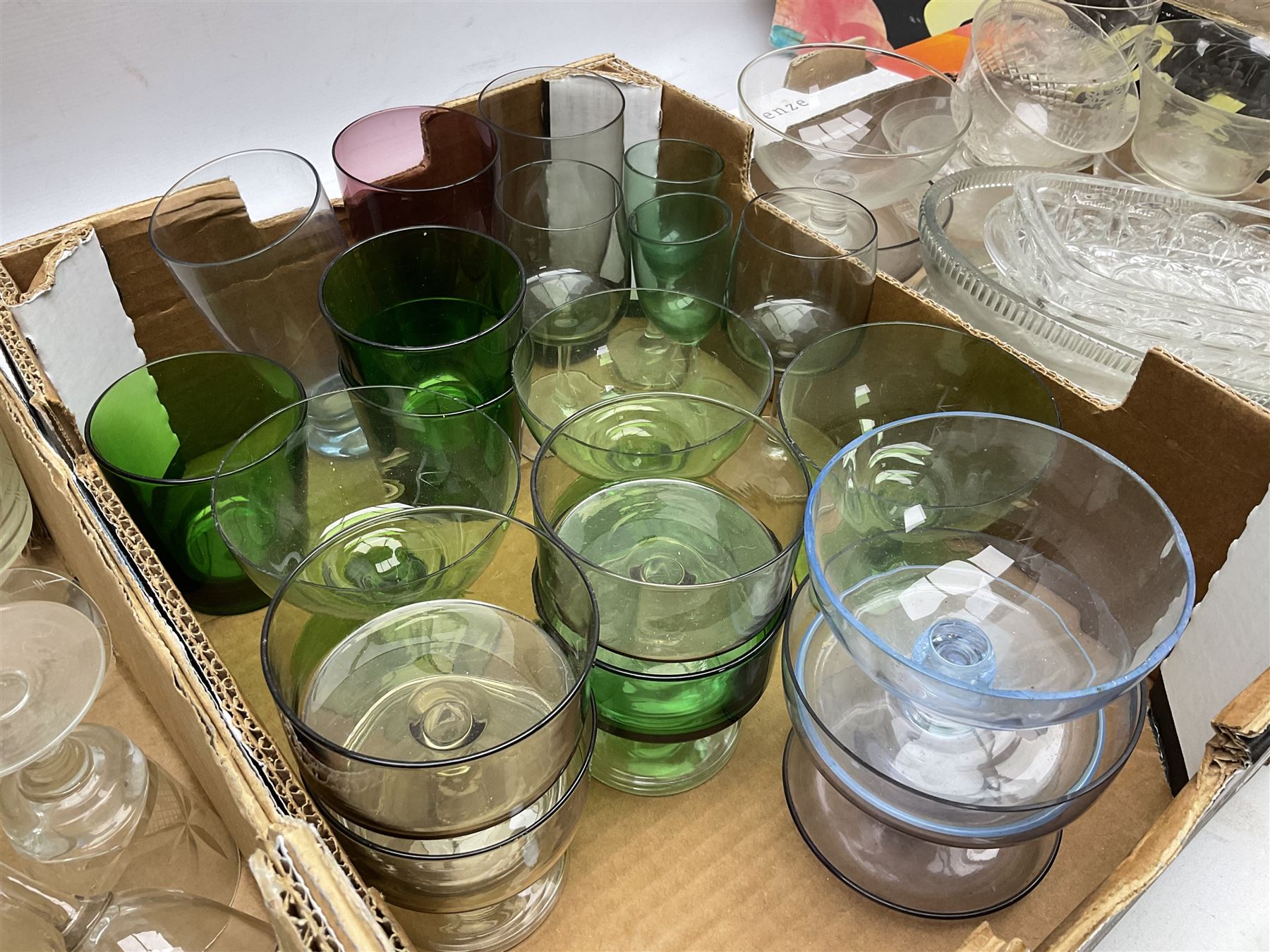 Large collection of glassware to include Schweppes soda syphon, Murano, vases, drinking glasses, coloured glass, cranberry etc in seven boxes