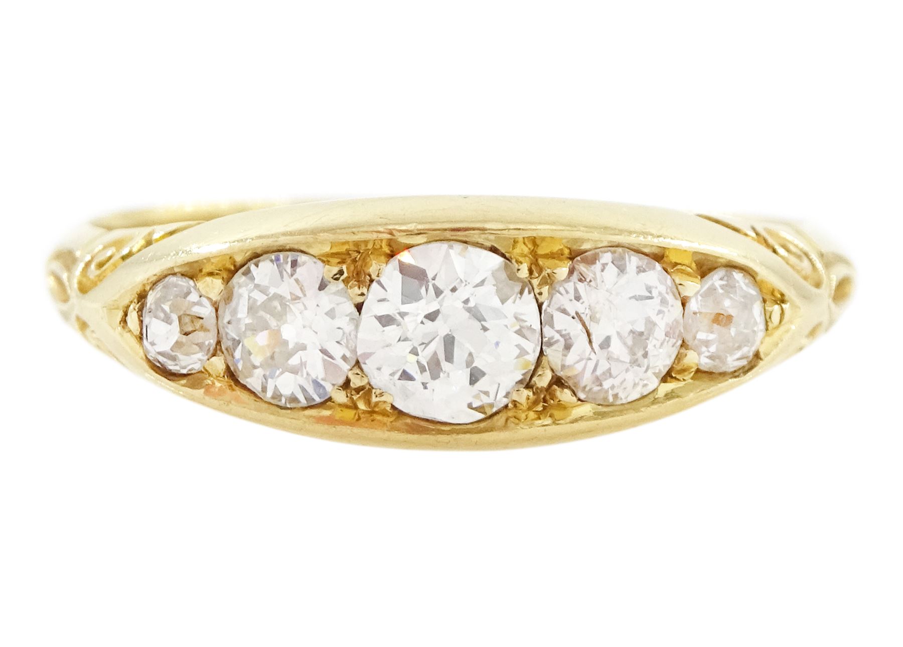 Early 20th century 18ct gold five stone diamond ring, set with five graduating old cut diamonds, with scroll design shoulders, hallmarked, total diamond weight approx 0.60 carat