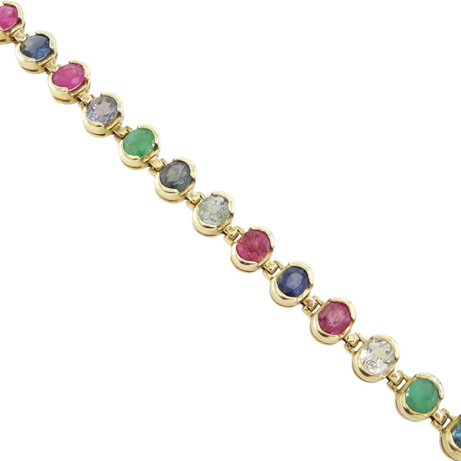9ct gold sapphire, emerald and ruby bracelet, twenty-seven oval links set with alternative vari-colour sapphires, rubies and emeralds