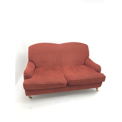 Laura Ashley Twickenham three seat sofa upholstered in a red fabric, turned supports (W188cm) and matching two seater (W160cm)