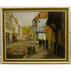  Donald Gray Midgely (British 1918-1995): 'Afternoon Light Flowergate Whitby', oil on board signed and dated '74, titled verso on artist's address label 40cm x 50cm Provenance: direct from the family Midgley was born in Halifax, moved to Whitby after his mother Lottie died. Lived at 2 Salt Pan Steps   